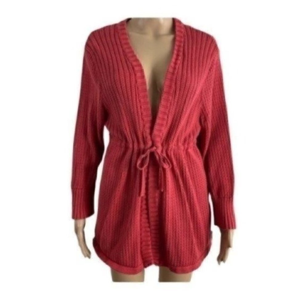 WOOLRICH Soft Ruby Open Knit Tie Front Cardigan Sweater 100% Cotton Size XL